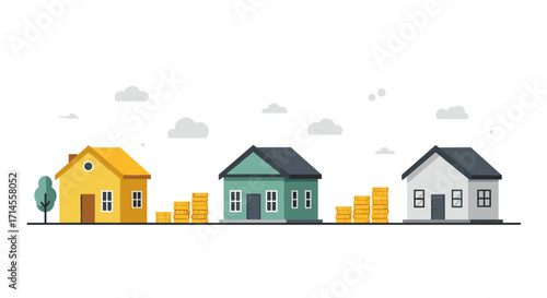 Three minimalist houses with coin stacks under cloudy sky
