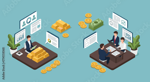 Isometric business team analyzing financial data with gold, coins, and cash