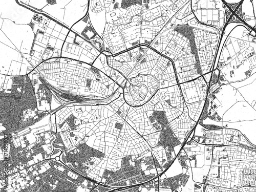 Black and white map poster of Amersfoort, Netherlands, illustrated in hand-drawn style.