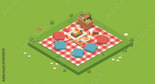 Isometric picnic scene with picnic basket and food on checkered blanket