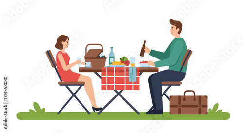 Couple enjoying outdoor picnic with wine and food at a table