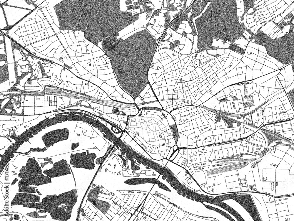 Naklejka premium Black and white cartographic illustration of Arnhem, Netherlands, in hand-drawn sketch form.