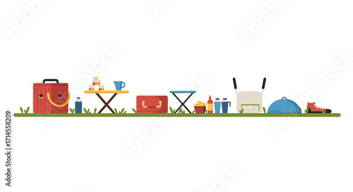 Colorful picnic essentials arranged outdoors in flat design