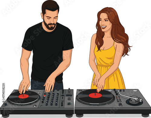 DJ performance illustration, vinyl turntable setup, music mixing scene, collaborative audio production, live entertainment, retro sound, party vibe art