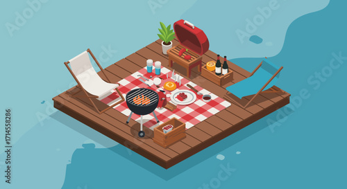 Summer picnic scene with barbecue on floating dock in isometric design