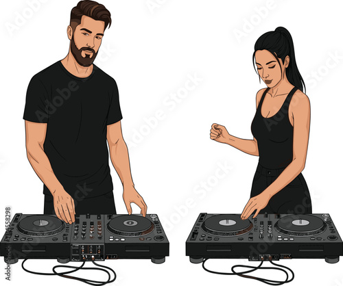 Dual DJ performance, music mixing setup, professional audio gear, live entertainment scene, collaborative sound production, party vibe, turntable control