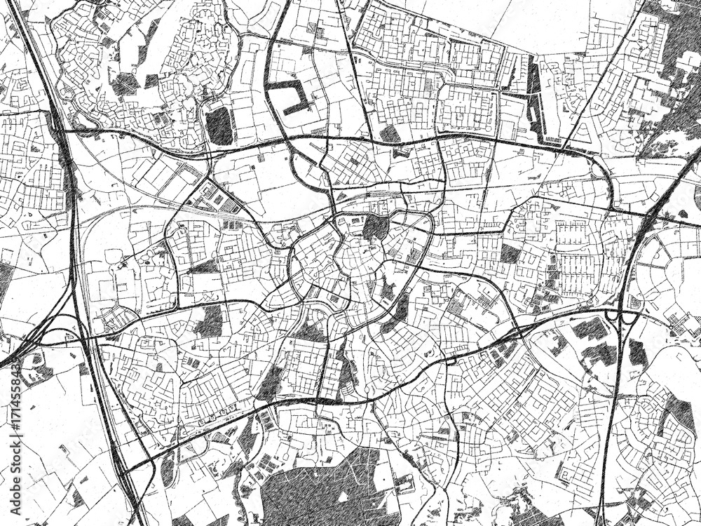 Naklejka premium Hand-drawn black and white city map of Breda, Netherlands, ready for wall art or editorial projects.