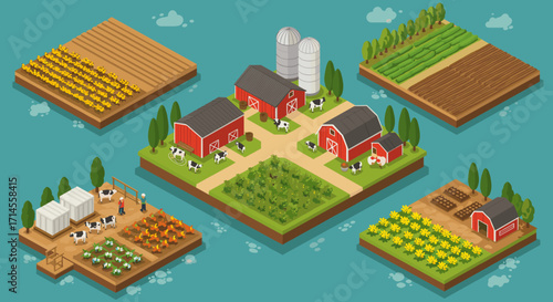 Isometric farm scene with red barns and crops on floating islands