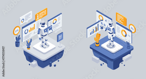 Futuristic isometric robots analyzing data on digital platforms