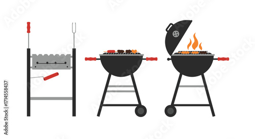 Modern bbq grills: flat design of charcoal and kettle barbecue
