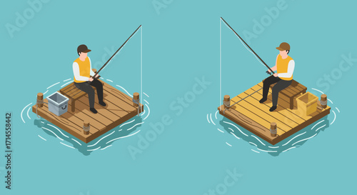 Isometric fishing scene: two people relaxing on floating platforms with fishing poles