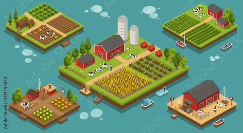 Isometric farming set: diverse agricultural scenes with barns and fields in a rural landscape