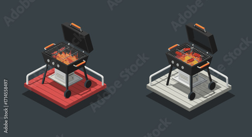 Isometric barbecue grills with flames on modern platforms