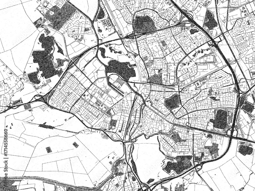 Obraz premium Monochrome hand-drawn map of Den Bosch, Netherlands, ideal for decorative and editorial use.