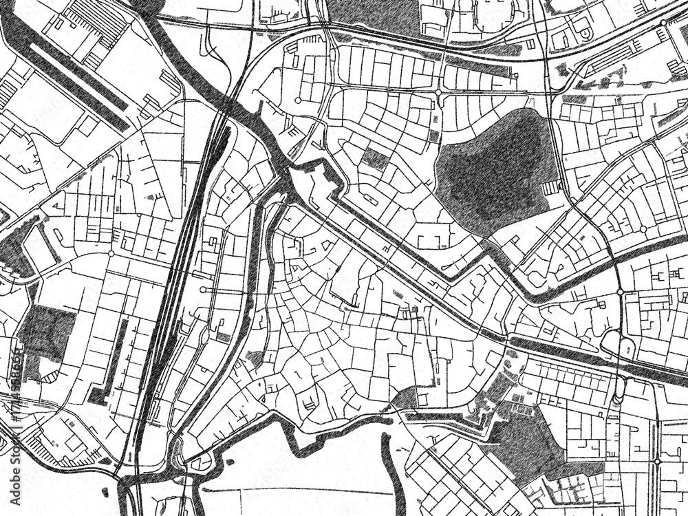 Naklejka premium Hand-drawn black and white city map of Den Bosch Centrum, Netherlands, ready for wall art or editorial projects.