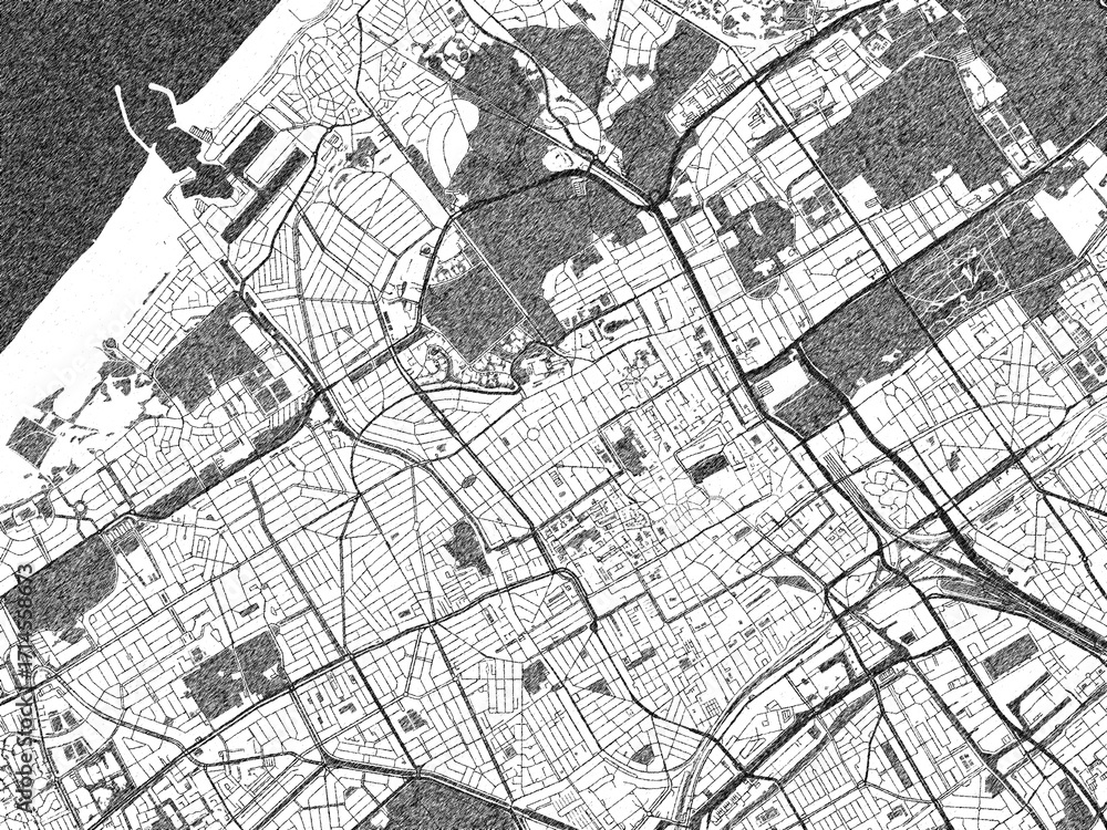 Naklejka premium Urban black and white map of Den Haag, Netherlands, designed in a sketch style for prints.