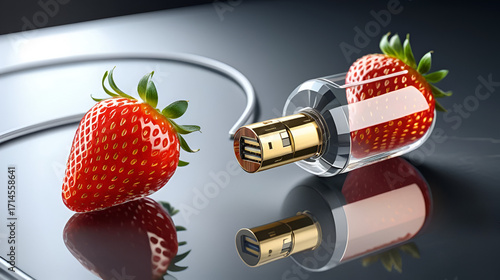 Strawberry in clear resin with chrome veins, USB-port replica and gold button, set on a sterile glass surface with digital light matrix Realistic rendering focusing on texture, notably - AI-Generated
