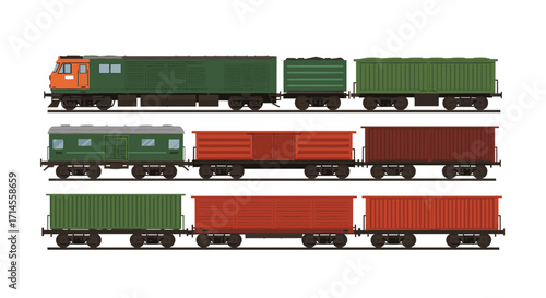 Colorful flat train cars and locomotives in profile view illustration