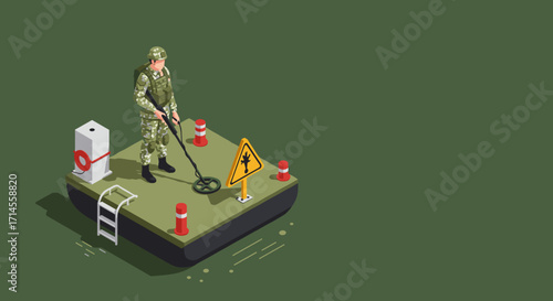 Isometric soldier using metal detector on floating platform