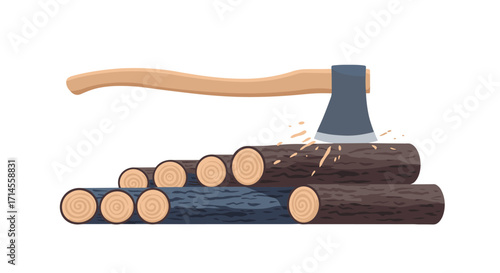 Chopping wood with axe on pile of logs