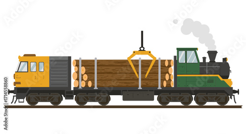 Industrial train with logs: vintage locomotive hauling timber cargo on railway