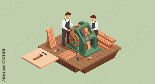 Carpentry workshop with workers using woodcutting machine on wooden platform