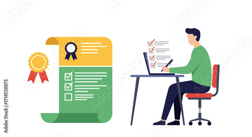 Checklist review and certification concept with person at desk in flat design