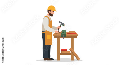 Carpenter at work in workshop with tools and wooden projects