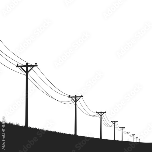 Silhouette of power lines stretching across a grassy hill