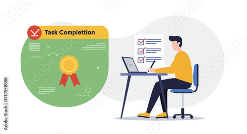 Person completing tasks on laptop with checklist and achievement badge in modern workspace