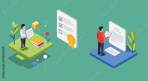 Isometric design of individuals reviewing documents with checklists and awards on platform