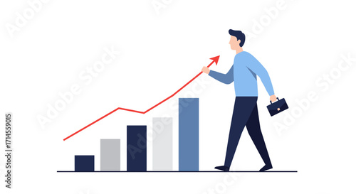 Business growth concept with man climbing bar graph and red arrow