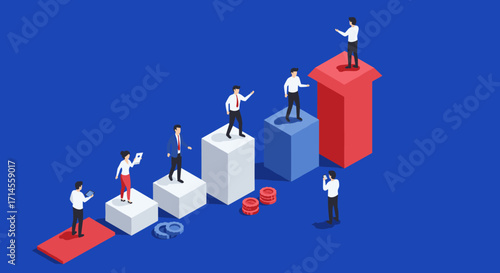 Isometric business team climbing success ladder on 3d bar graph