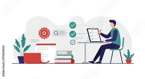 Modern office work: person checking task list with documents and laptop