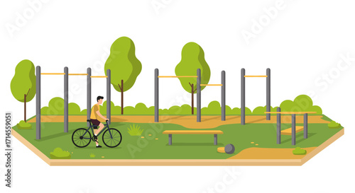 Outdoor fitness area with cyclist in flat isometric style