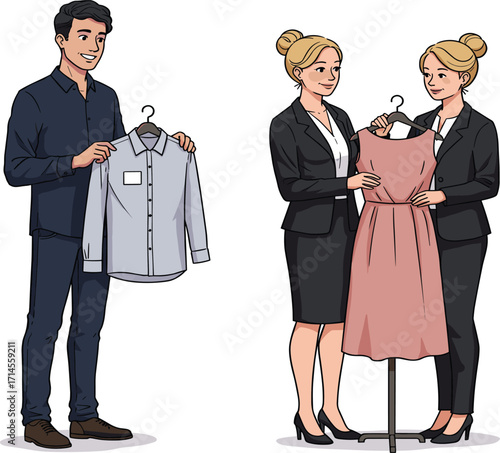 Fashion, retail, cartoon, clothing, store, display, selection, shirt, dress, hanger, mannequin, style, shopping, customer, professional, indoor, illustration, boutique, merchandising, teamwork