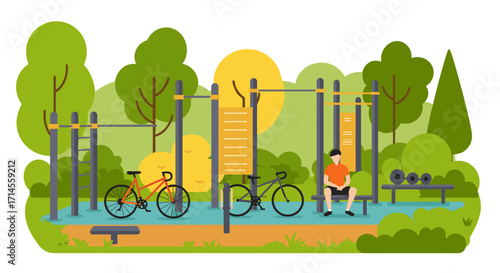 Outdoor park gym with bikes and fitness equipment in flat design