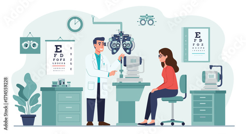 Eye exam scene with optometrist and patient in modern clinic setting