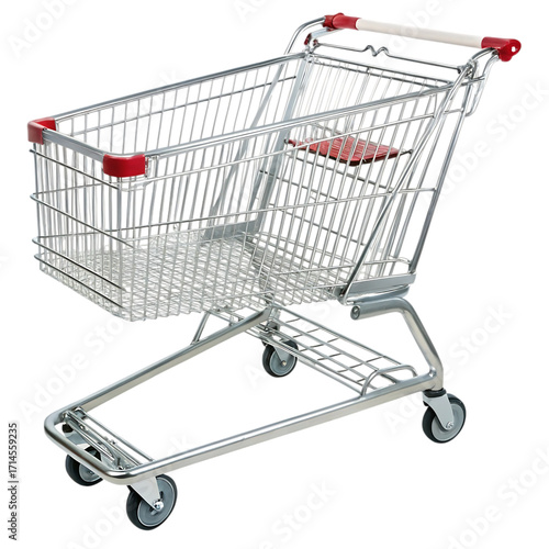 Shiny metal shopping cart with red accents isolated on transparent background