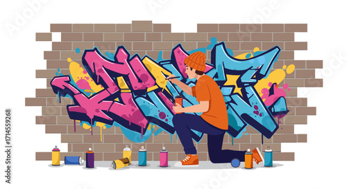 Colorful urban street art with graffiti artist in action against brick wall