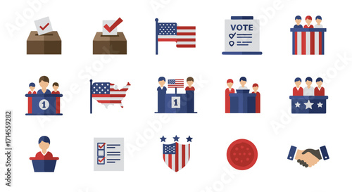 Voting icons set: flat design of ballots, flags, and political symbols