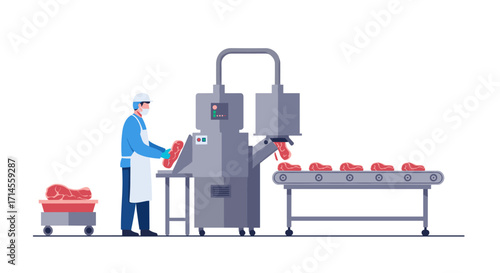 Automated meat processing plant with conveyor and worker in protective clothing