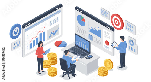 Business analytics team examining data with charts and graphs in isometric office setting