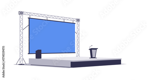Minimalist conference stage with screen and podium setup in flat style