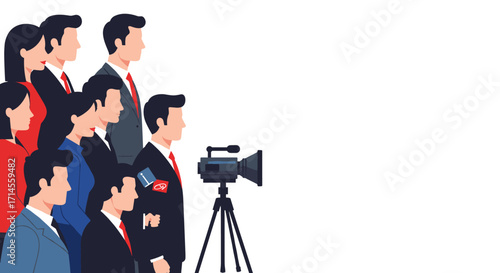 Press conference with reporters and camera crew in professional attire