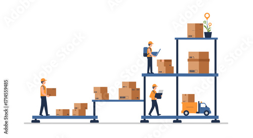 Warehouse workers organizing packages with forklift and shelves in flat design