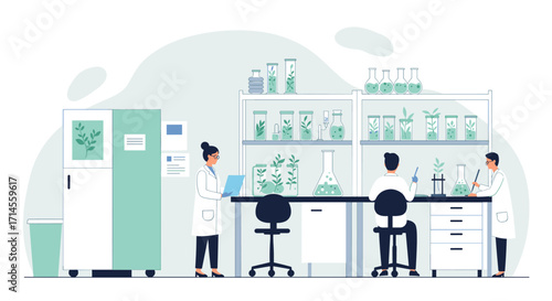 Scientists in modern laboratory analyzing plant samples for research