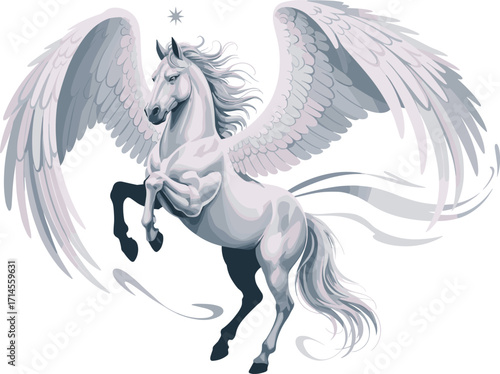 Stylized Pegasus rearing with feathered wings and celestial star, mythical white horse vector for fantasy, magic, dream, inspiration, and elegance themes