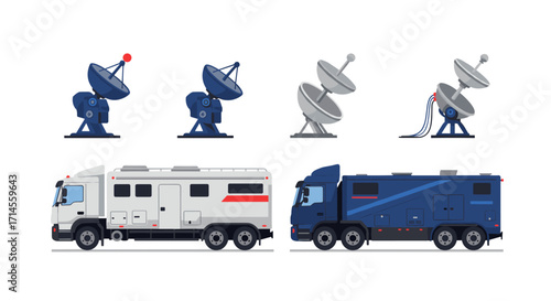 Satellite communication trucks and dishes in modern flat style
