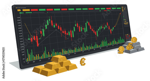Cryptocurrency trading chart with gold bars and coins on dark interface